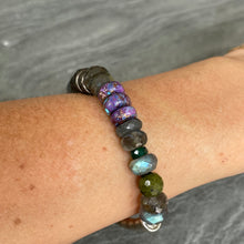 Load image into Gallery viewer, Labradorite and stamped Silver tube bracelet