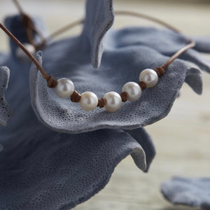 "Breezy" 5 Freshwater Pearls on Knotted Leather