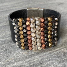 Load image into Gallery viewer, Faceted multi-Metal Beads on Black Leather