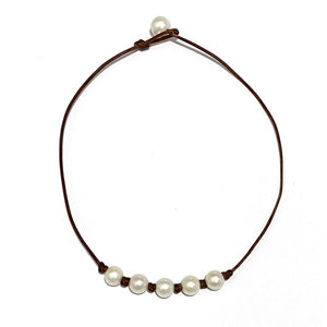 "Breezy" 5 Freshwater Pearls on Knotted Leather