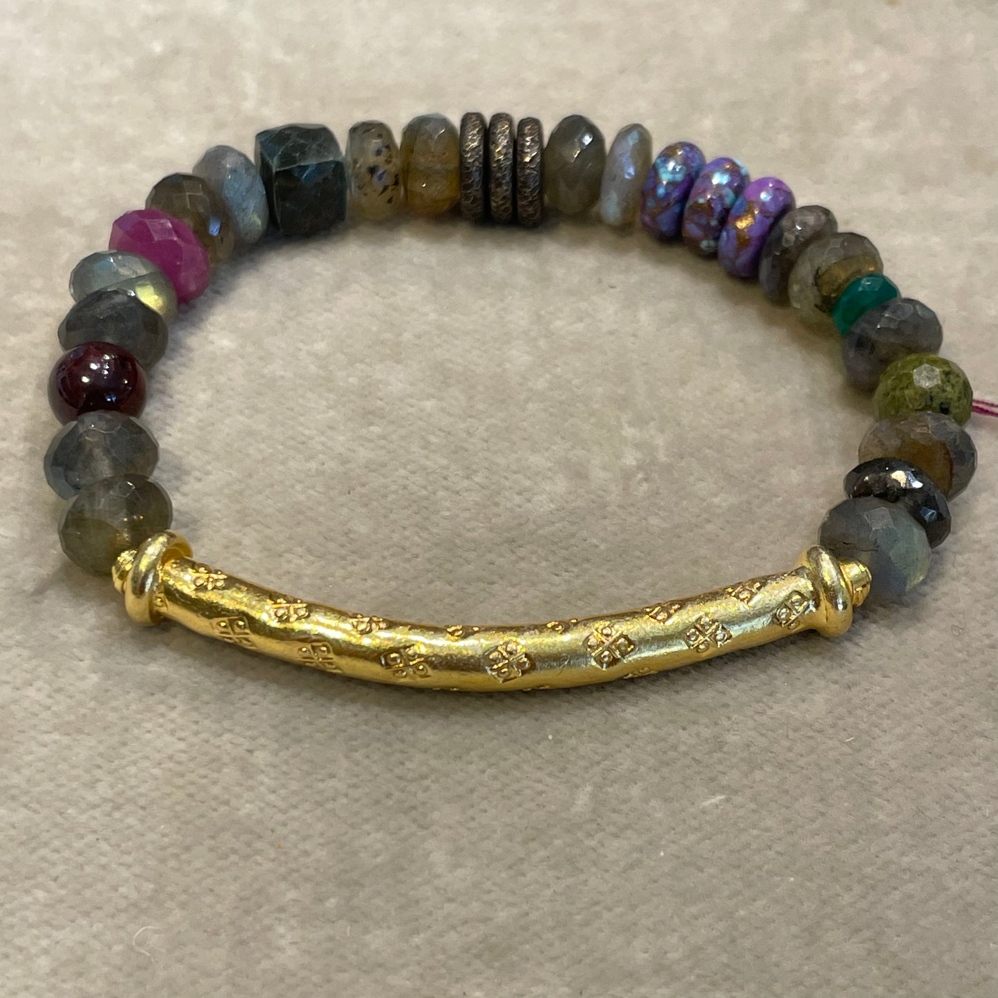 Labradorite and Apatite cube bracelet with Gold tube