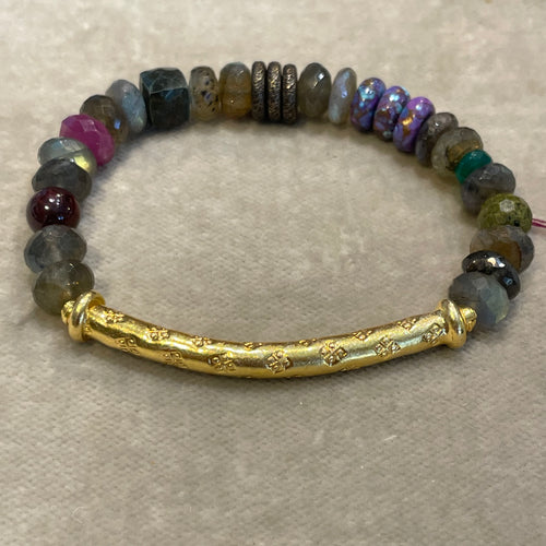 Labradorite and Apatite cube bracelet with Gold tube