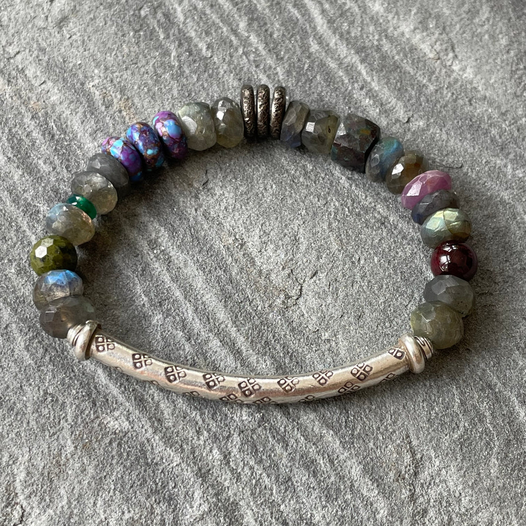 Labradorite and stamped Silver tube bracelet