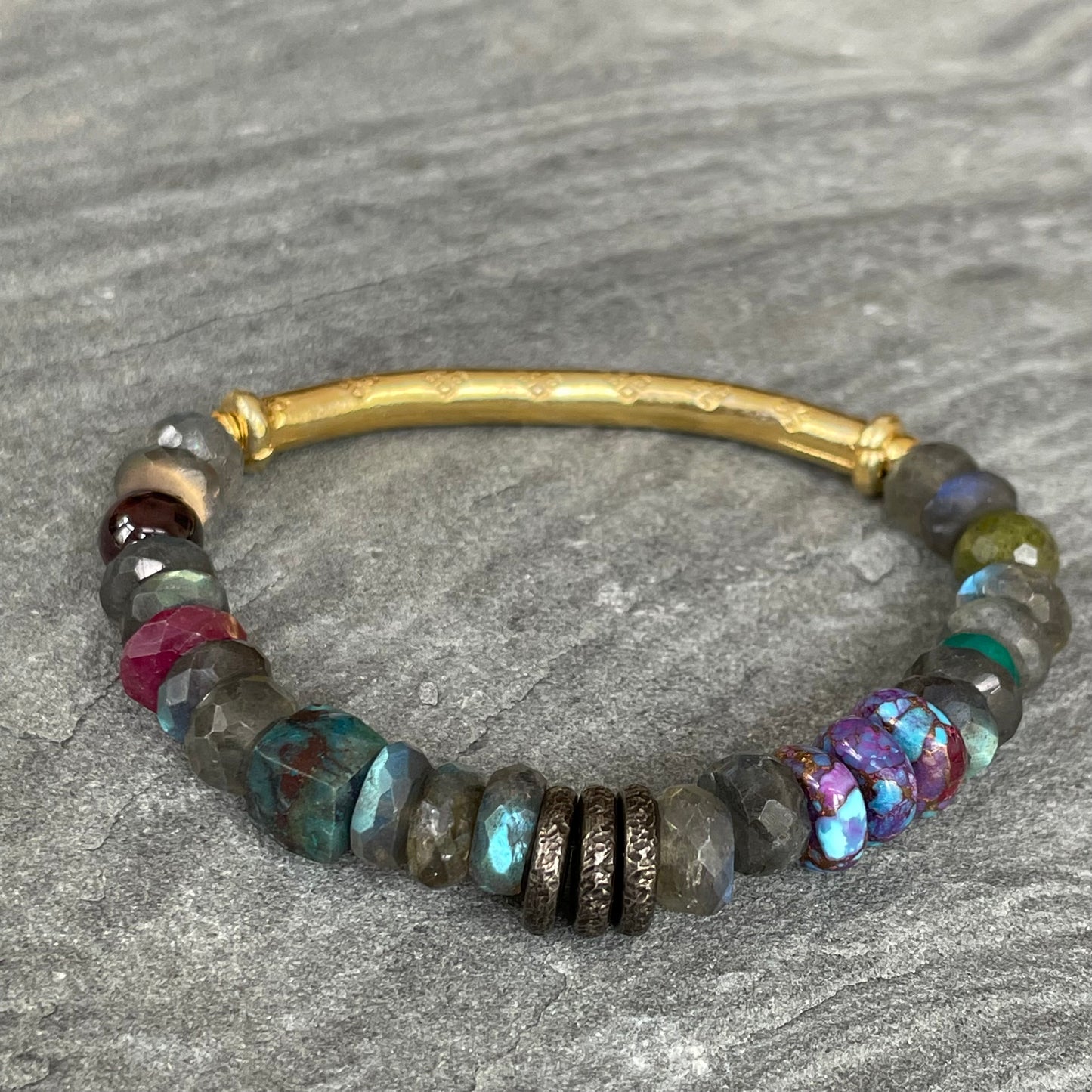 Labradorite and Chrysocolla Cube Beaded Bracelet