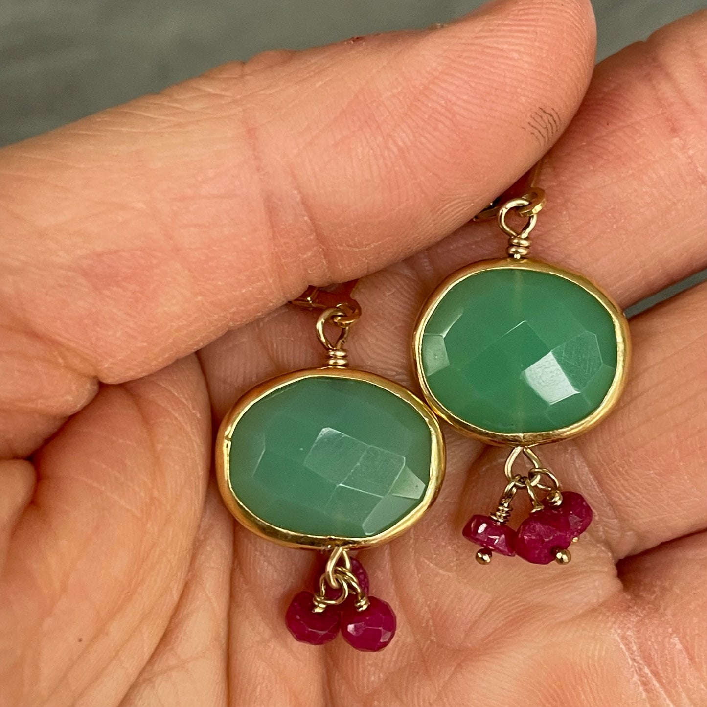 Chrysoprase and Ruby dangles