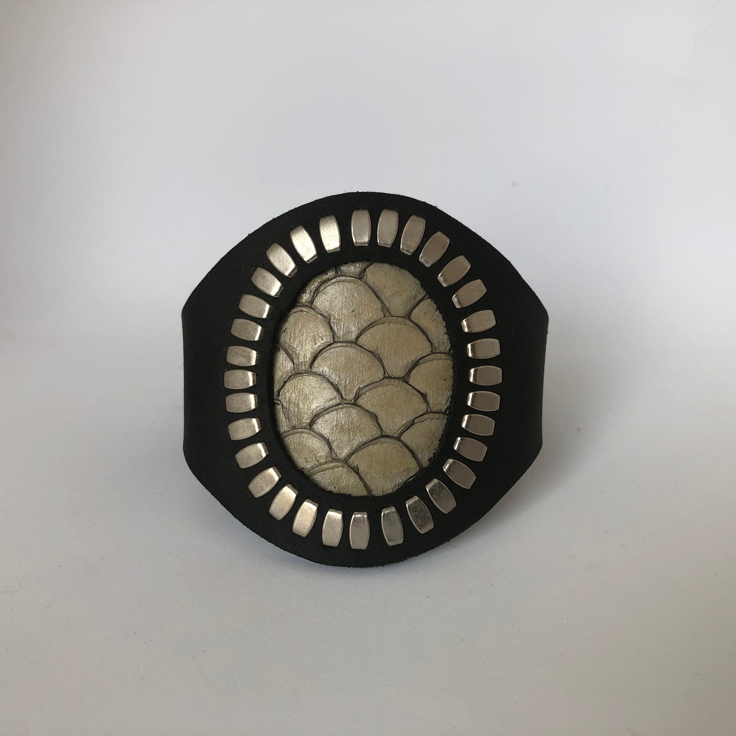 Mermaid Cuff Bracelet- Silver Studded black leather with ivory fish skin