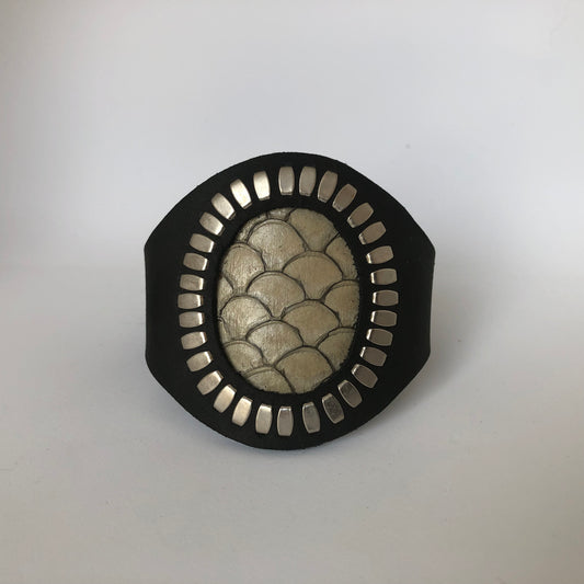 Mermaid Cuff Bracelet- Silver Studded black leather with ivory fish skin