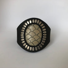 Load image into Gallery viewer, Mermaid Cuff Bracelet- Silver Studded black leather with ivory fish skin