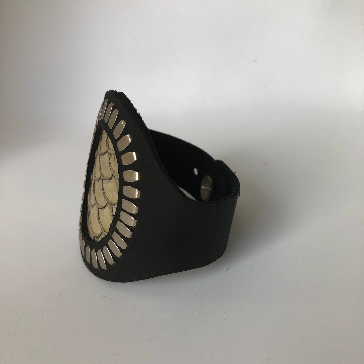 Mermaid Cuff Bracelet- Silver Studded black leather with ivory fish skin