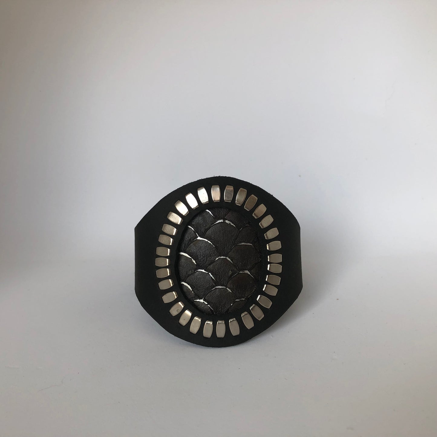 Mermaid Cuff Bracelet- Silver studded Black leather band with black fish skin