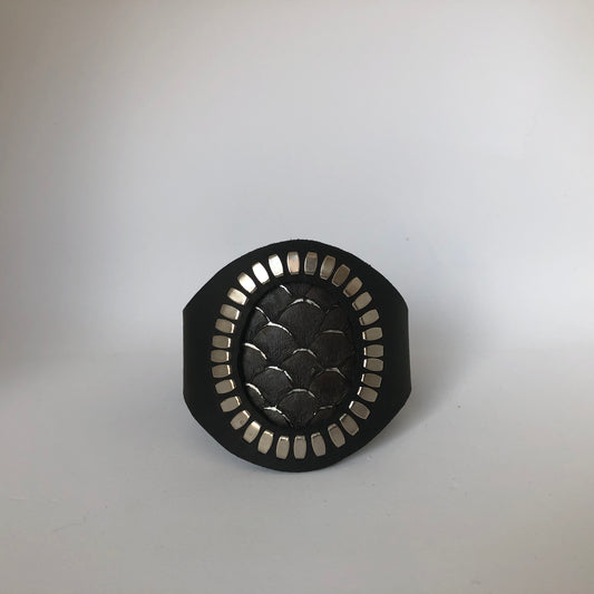 Mermaid Cuff Bracelet- Silver studded Black leather band with black fish skin